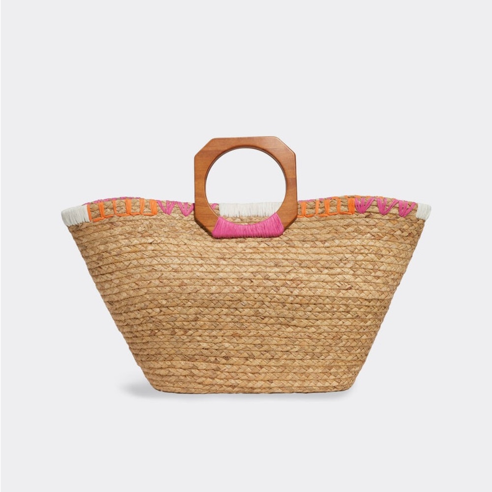 Natural Straw Tote Bag with Pink and Orange Accents